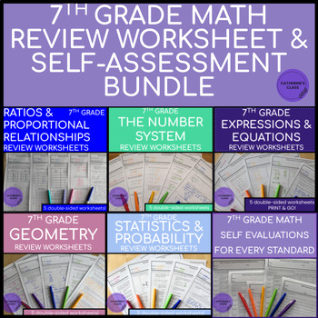 Preview of 7th Grade Math Review Worksheets & Self Assessments BUNDLE