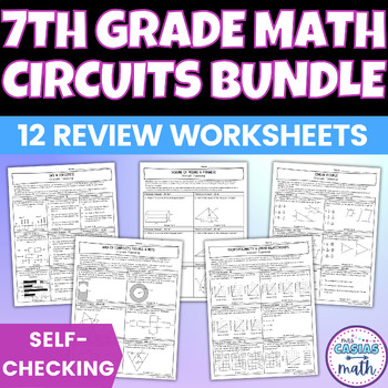 Preview of 7th Grade Math Review Worksheets Self Checking Circuit Activities BUNDLE