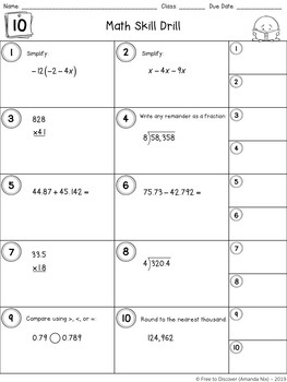 7th grade math skill drills by free to discover tpt