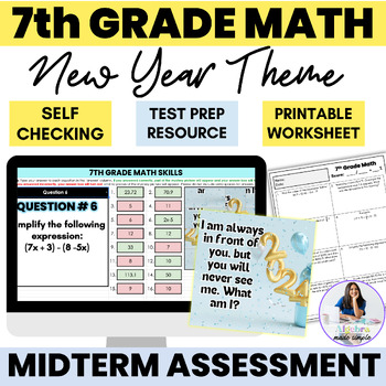 Preview of 7th Grade Math Skills Midterm Assessment New Year Eve Test Digital Exam Google