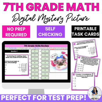 Preview of 7th Grade Math Skills Review Task Cards End of Year Test Prep Mystery Puzzle