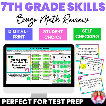 Preview of 7th Grade Math Skills Review Test Prep Print Task Cards and Digital Bingo Game