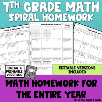 Preview of 7th Grade Math Homework | Spiral Format & Editable | Full Year | Digital Version