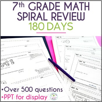 Preview of 7th Grade Math Spiral Review 180 Days of Warm Ups or Homework Print
