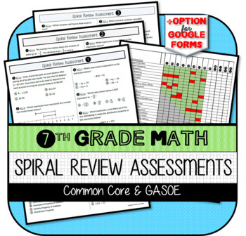 Preview of 7th Grade Math Spiral Review Assessments (All-Year) w/ Student Checklist