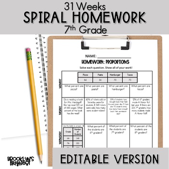 Preview of 7th Grade Math Spiral Review Homework Editable Entire Year