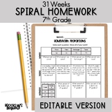 7th Grade Math Spiral Review Homework Editable Entire Year