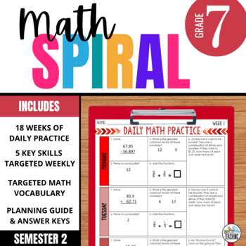Preview of 7th Grade Math Spiral Review: Print Warm-ups, Practice, Homework for Semester 2