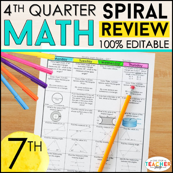 Preview of 7th Grade Math Spiral Review & Quizzes | Homework or Warm Ups | 4th QUARTER