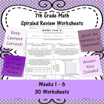 Preview of 7th Grade Math Spiraled Review Worksheets - #1 - #30 - Weeks 1 - 6