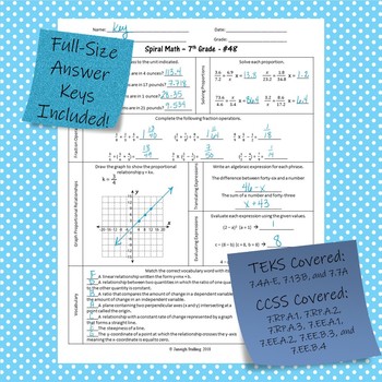 7th grade math spiraled review worksheets 31 60 weeks 7 12