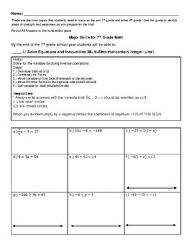 Preview of The 10 Major Skills 7th Grade Math Summer Tutoring / Study Guide