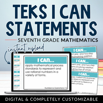 Preview of 7th Grade Math TEKS I Can Statements | Digital + Editable Agenda Slides