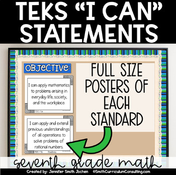 Preview of 7th Grade Math TEKS I Can Statements - Objective Posters - Black and White