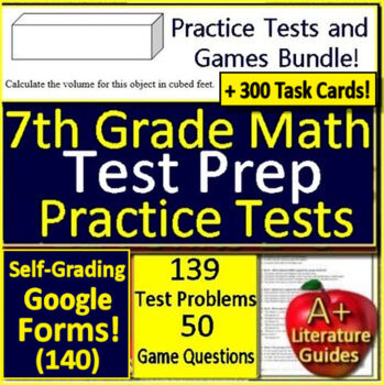 Preview of 7th Grade Test Prep Math SELF-GRADING GOOGLE  FORMS, Games, & Task Cards!