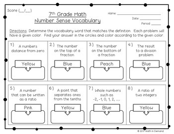 7th grade math vocabulary coloring worksheets bundle by math in demand