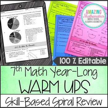 Preview of 7th Grade Math Warm Ups / Bell Ringers- Year Long & Topic Based w/ Spiral Review