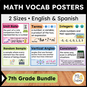 Preview of 7th Grade Math Word Wall Posters English and Spanish CCSS and iReady Vocabulary