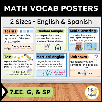 Preview of 7th Grade iReady Math Word Wall Vol 2 Banners Spanish ENG 7.EE, G, SP Vocabulary