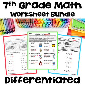 Preview of Math Worksheets for 7th Grade - Differentiated and No Prep with Answers