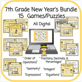 Preview of 7th Grade New Year's Math Bundle - 15 Games/Puzzles