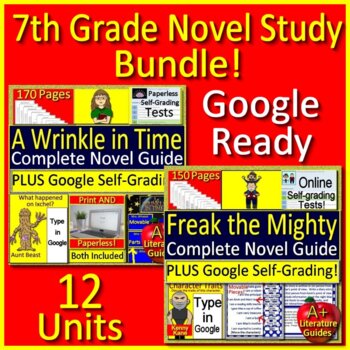 Preview of 7th and 8th Grade Novel Study Bundle Printable + SELF-GRADING GOOGLE FORMS!
