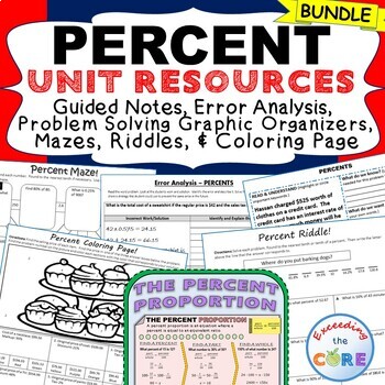 PERCENTS BUNDLE Task Cards, Notes, Error Analysis, Graphic Organizer, Puzzles