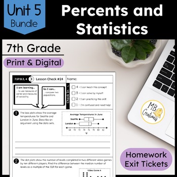 Preview of 7th Grade Percents, Statistics & Data Worksheet & Exit Ticket Unit 5 iReady Math