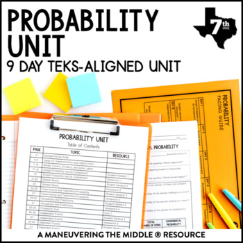 Preview of Probability Unit | 7th Grade TEKS | 7.6A, 7.6B, 7.6C, 7.6D, 7.6E, 7.6H, 7.6I