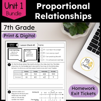 Preview of 7th Grade Proportional Relationships Worksheet & Exit Tickets Unit 1 iReady Math