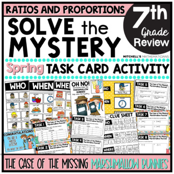 Preview of 7th Grade RATIO AND PROPORTIONS Solve The Mystery Spring Task Card Activity