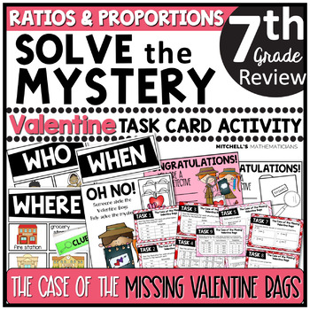 Preview of 7th Grade RATIO AND PROPORTIONS Solve The Mystery Valentine Task Card Activity