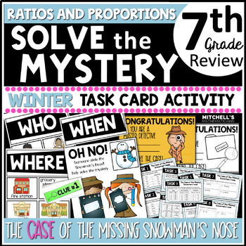 Preview of 7th Grade RATIO AND PROPORTIONS Solve The Mystery Winter Task Card Activity