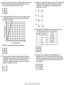 7th Grade Common Core Ratios and Proportional Relationships Unit Test
