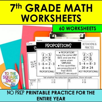 Preview of 7th Grade Reteaching Math Worksheets | 7th Grade Math Review Printouts