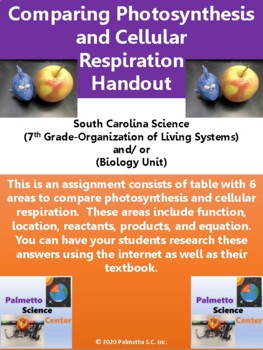 Preview of 7th Grade Science:  Comparing Photosynthesis & Cellular Respiration Handout