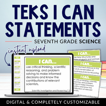 Preview of 7th Grade Science TEKS I Can Statements Posters | Digital + Editable Slides