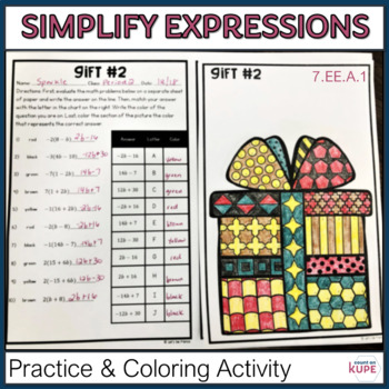 Preview of 7th Grade Simplifying Algebraic Expressions Review Coloring for Winter Holidays