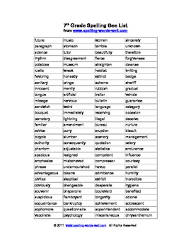 7th Grade Spelling Bee Word List by Spelling Words Well | TpT