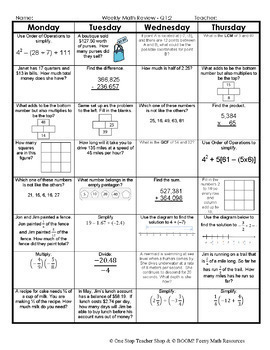 6Th Grade Weekly Math Spiral Answer Sheet / 8th Grade Math Spiral