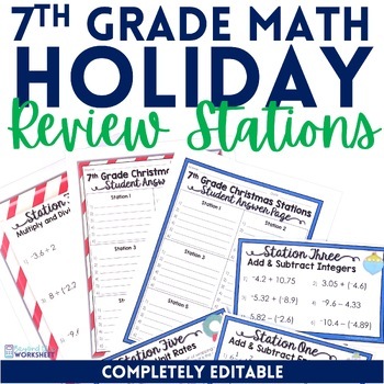 Preview of 7th Grade Spiral Review Christmas Math Stations | Math Centers