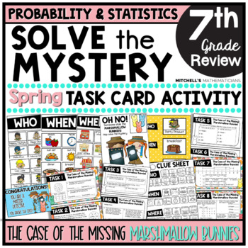 Preview of 7th Grade Statistics and Probability Solve The Mystery Spring Task Card Activity