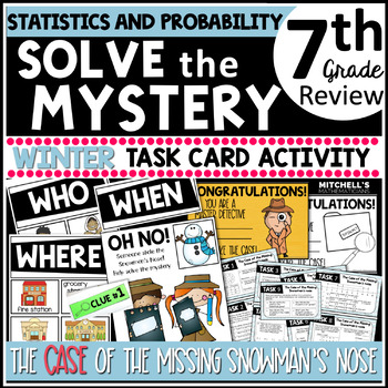 Preview of 7th Grade Statistics and Probability Solve The Mystery Winter Task Card Activity