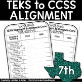 7th Grade TEKS to CCSS Math Standards Crosswalk Alignment 