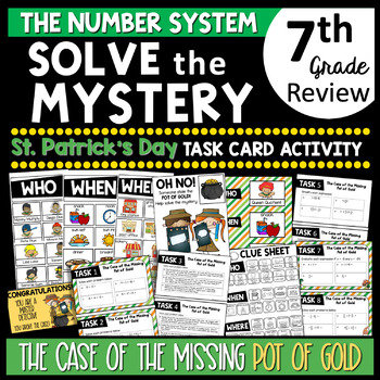 Preview of 7th Grade THE NUMBER SYSTEM Solve The Mystery St. Patrick's Day Task Cards