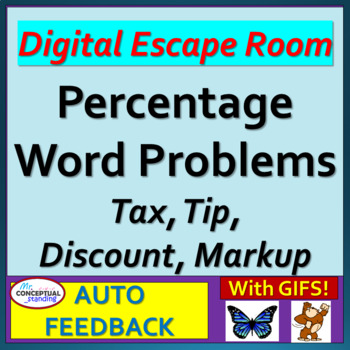 Preview of 7th Grade Tax Tip Discount Markup Percent Problems - DIGITAL ESCAPE ROOM Review