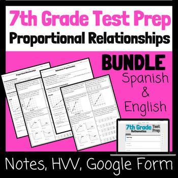 Preview of 7th Grade Test Prep/Review- Proportional Relationships (English & SpanishBUNDLE)