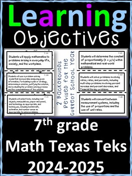 Preview of 7th Grade Texas TEKS Math Learning Objectives Cards | Color & B&W
