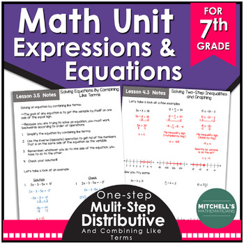 Preview of 7th Grade Expressions Equations and Inequalities Math Unit