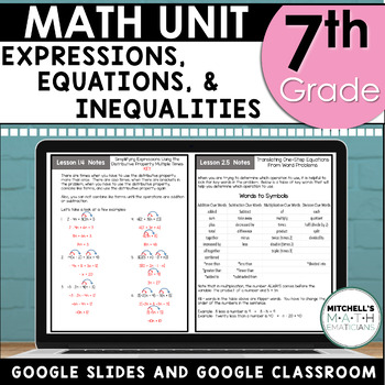 Preview of 7th Grade Expressions Equations and Inequalities Math Unit Using Google